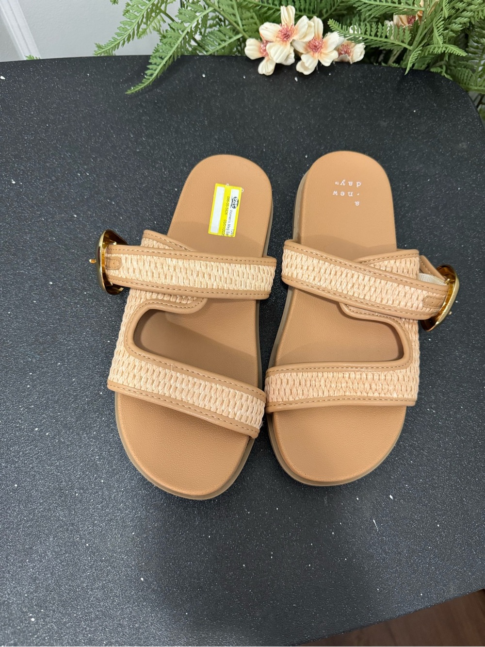 & Other Stories Tan Woven Slide Sandals with Gold Buckle